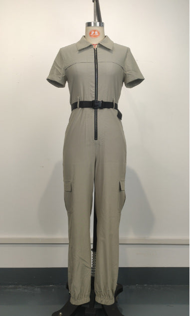 Women's Fashion Zipper Cargo Jumpsuit Short-Sleeved Turndown Collar Pocket Belt Jumpsuit 9