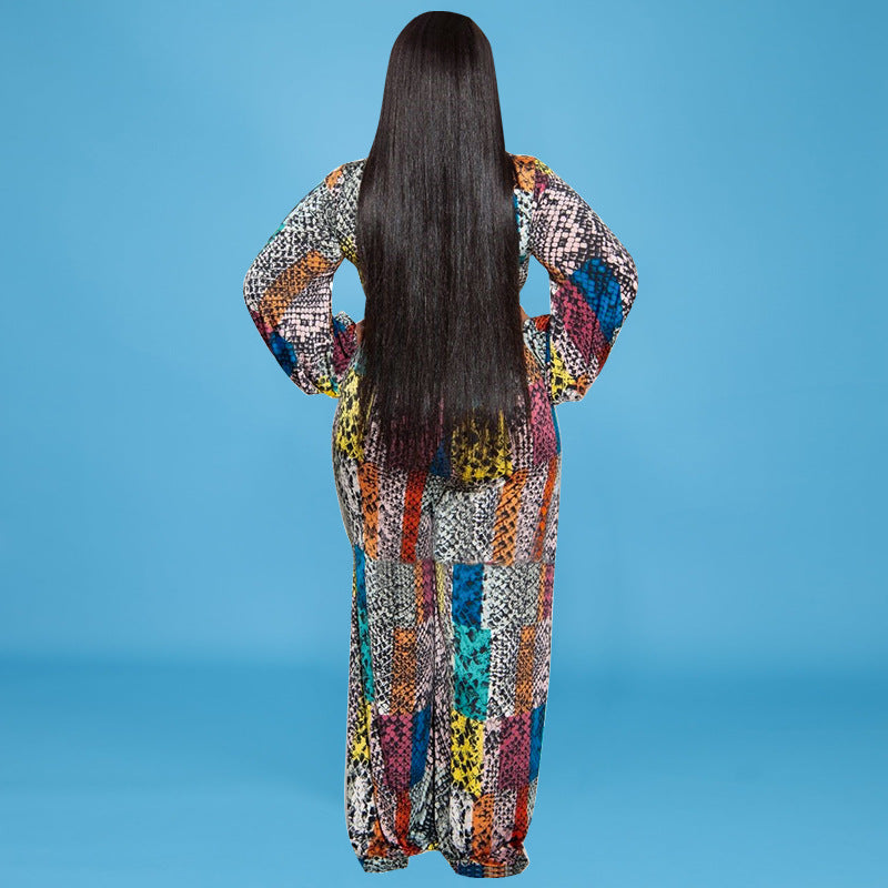 Plus Size Women Print V-neck Long Sleeve Jumpsuit