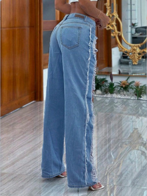 Women Ripped Tassel Denim Pants 5
