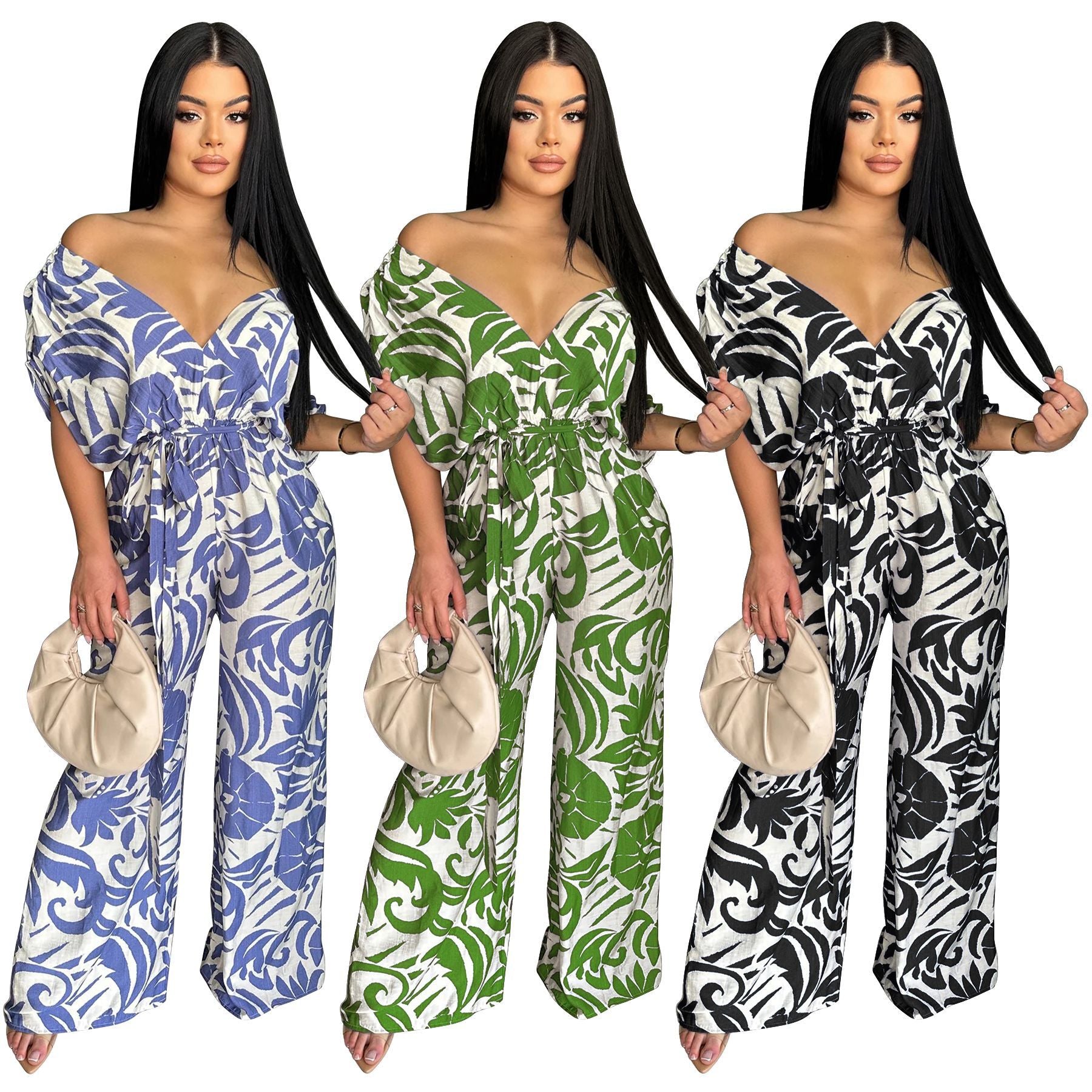 Women Off Shoulder Bat Sleeves Print Wide Leg Jumpsuit 5