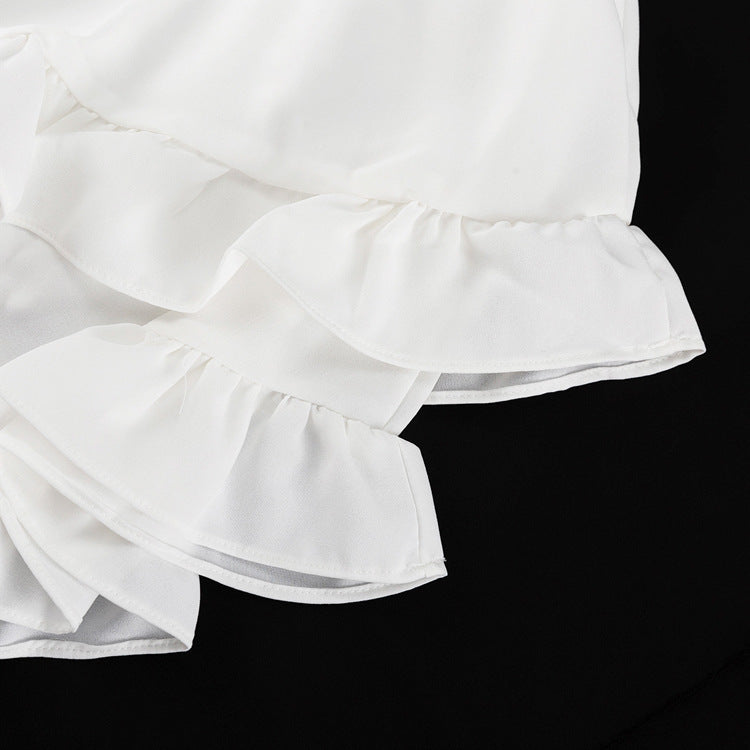 Turndown Collar Short Sleeve Shirt Fashion Ruffled Cake Skirt Two Piece Set 19