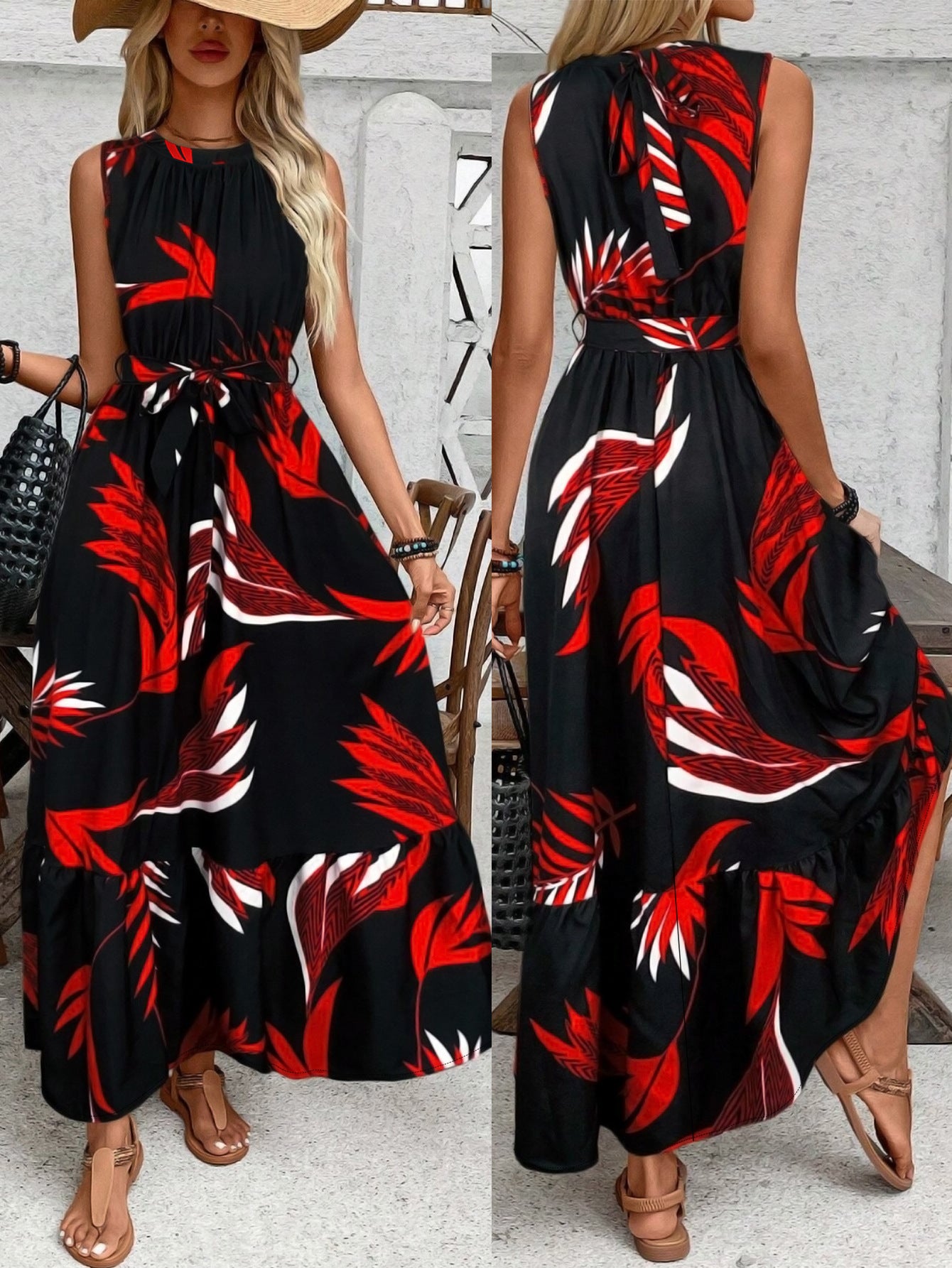 Plus Size Women Elegant Round Neck Sleeveless Belt Maxi Dress