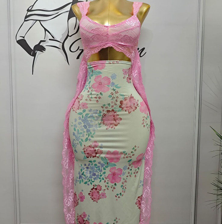 Women summer pink lace shoulder strap Patchwork slit dress 6