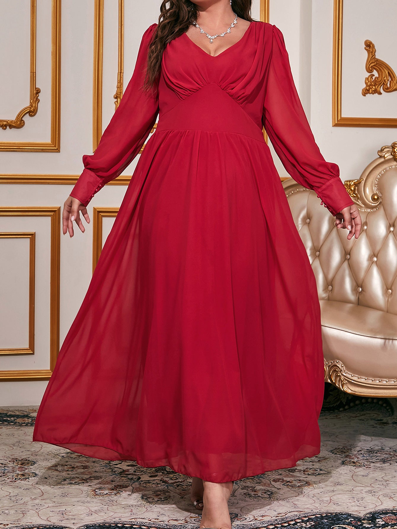 Plus Size Dress Women's V-Neck Long Sleeve Chiffon Maxi Dress