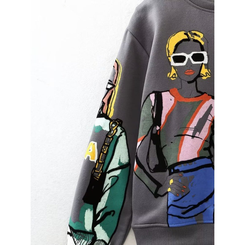 Autumn And Winter Women's Warm Fleece Round Neck Loose Printed Sweatshirt 5