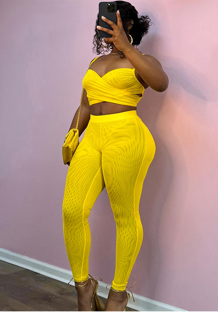 Women's Spring-Summer Hollow Pleated Crop Top Skinny Pants Set