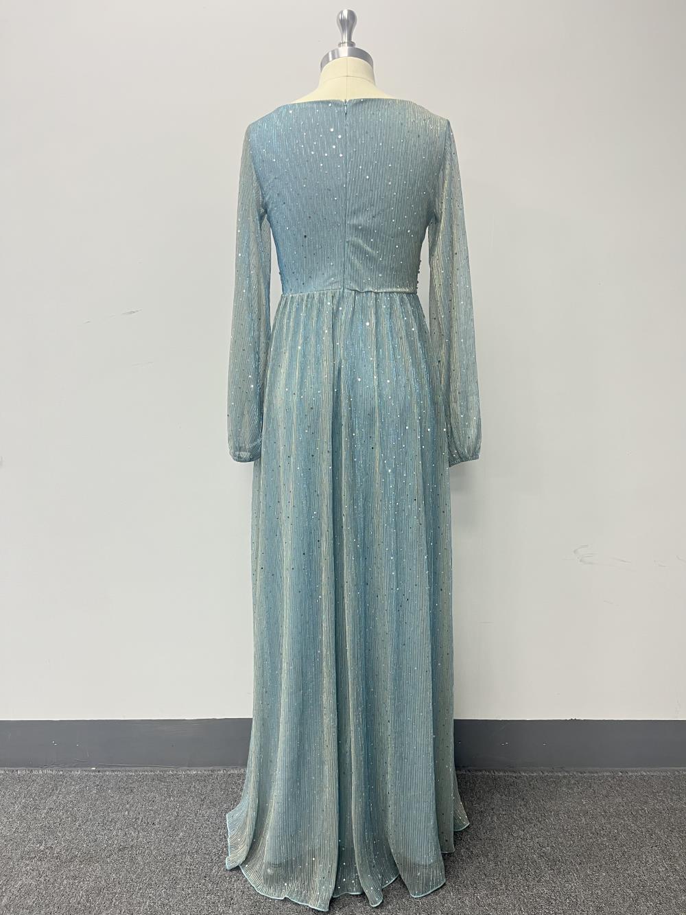 Women's  Glittery Pleated Elastic See-Through Long Sleeve V-Neck Legant Evening Gown 15