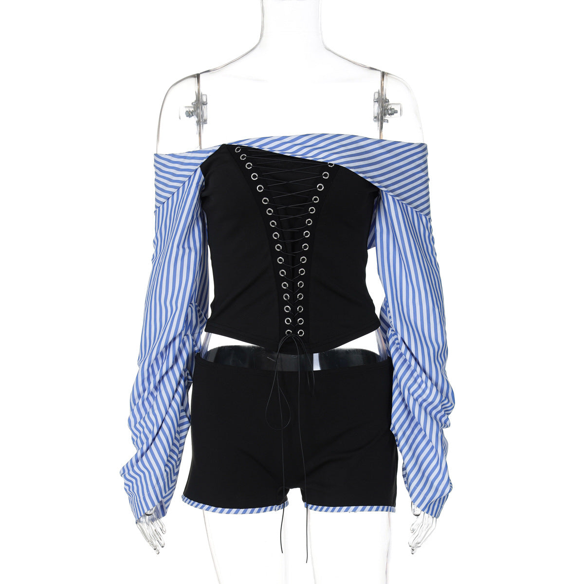 Women's Off Shoulder Striped Shirt Style Irregular Patchwork Lace-Up Top Shorts Two-Piece Set 7