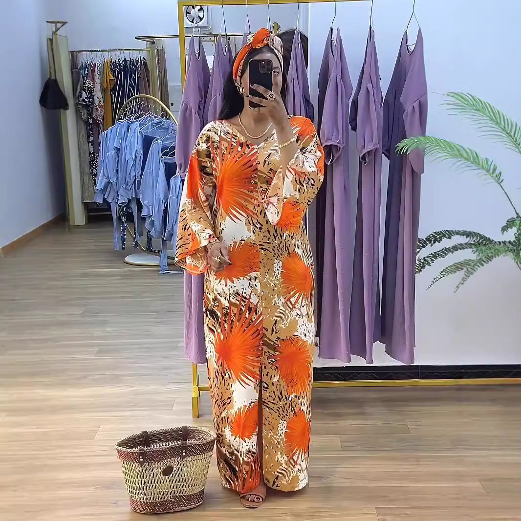 Fashion Print  V-Neck Long Sleeve Slit Casual Loose Long Dress 3