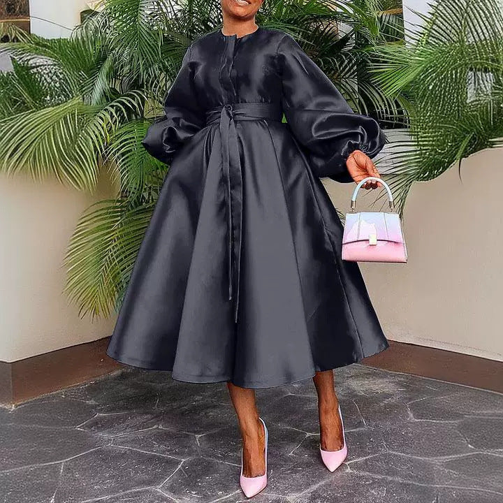 Women Solid Loose Buttoned Balloon Sleeve Dress 10