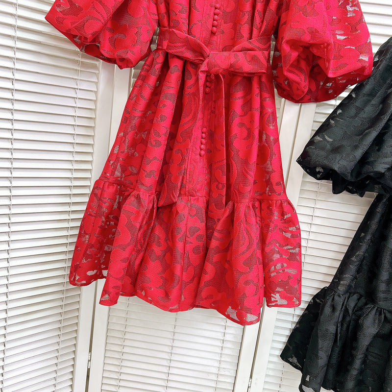 Women Round Neck Vintage Jacquard Puff Sleeve Casual Belt Dress 14