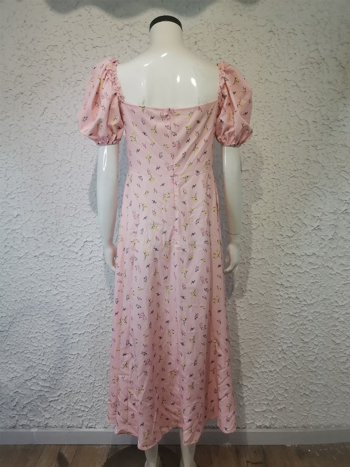 Women's summer fashion puff sleeve floral tie high slit long summer dress 27