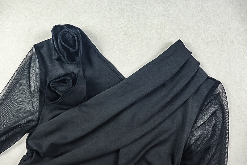 Solid Color Women's Slim Slash Shoulder Long-Sleeve Short Bodycon Dress 12