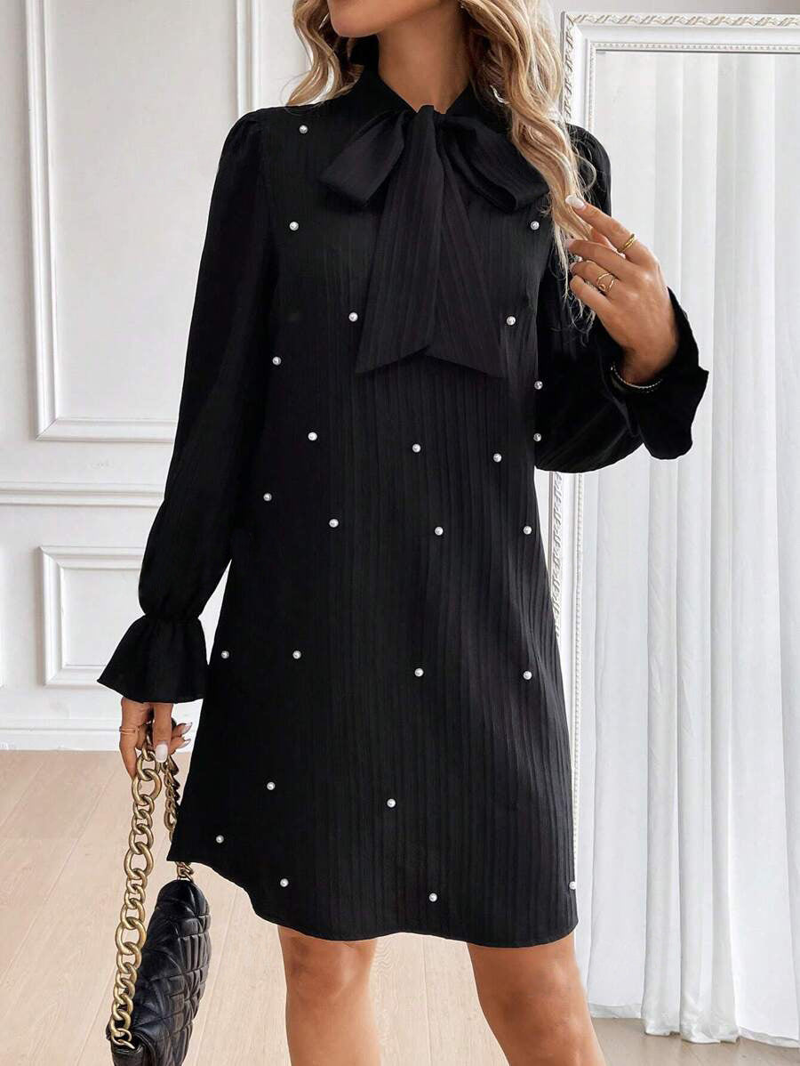 Women Bow Tie Beaded Long-Sleeved Solid Dress