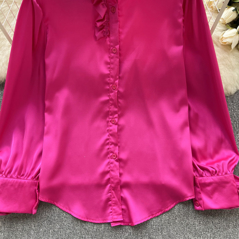 Women French Long Sleeve Chic Satin Shirt 15