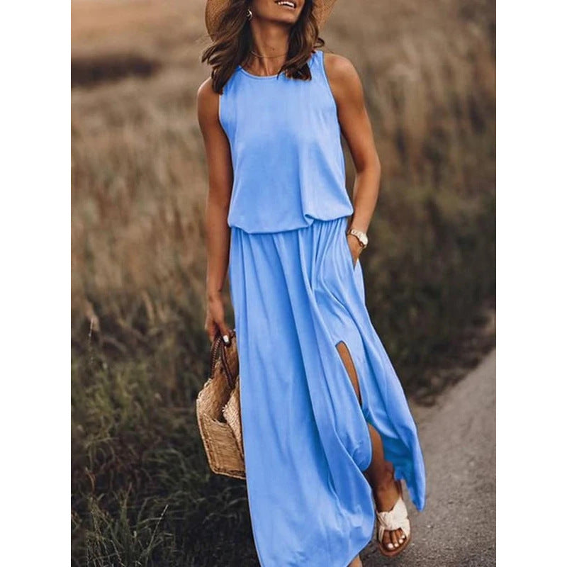 Summer Women's Trendy Retro Round Neck Sleeveless Slit Solid Color Casual Dress 5