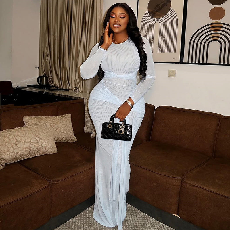 Women's Chic Slim Waist Transparent Pleated Lace-Up Round Neck Solid Color Long Dress 3