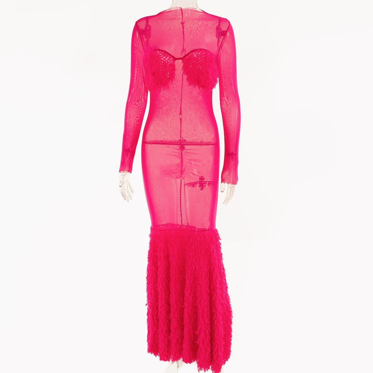 Women Mesh See-Through Round Neck Long Sleeve Patchwork Plush Fishtail Sexy Party Dress 10