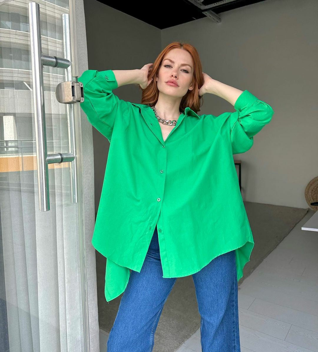 Women Solid Style Long Sleeve Back Slit Loose Shirt 3