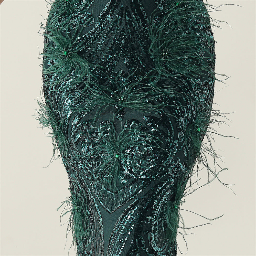 Women Beaded Feather Decoration Beaded Fishtail Evening Dress 27