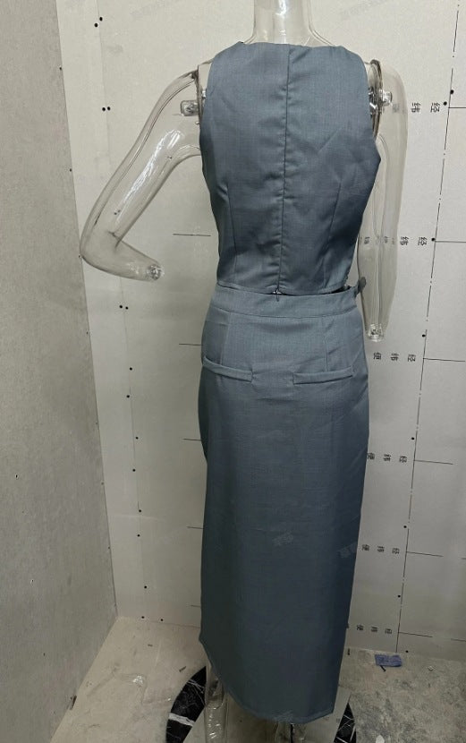 Women Summer Solid Halter Neck Vest Skirt Two-piece Set 8
