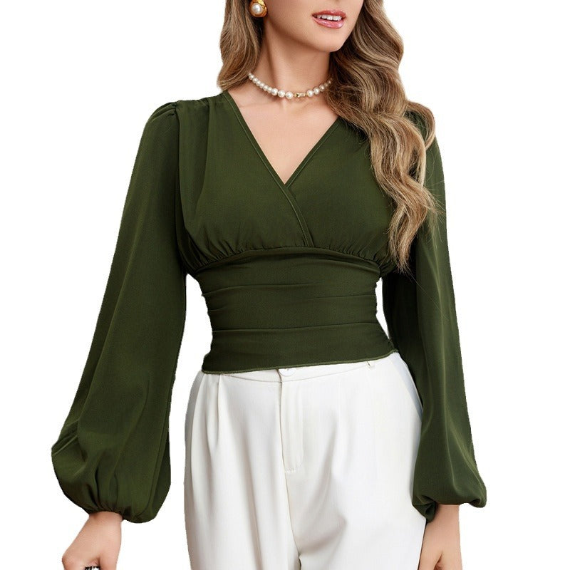 Women's Spring Autumn Long Sleeve T-Shirt V-Neck Slim Fit Elastic Lace Women's Top 6