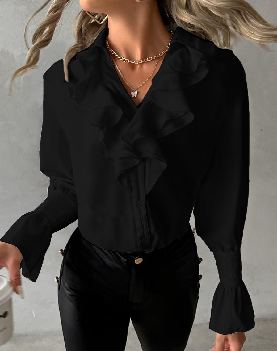 Autumn Fashion Ruffled Long Sleeve V-Neck Solid Color Women's Shirt 7