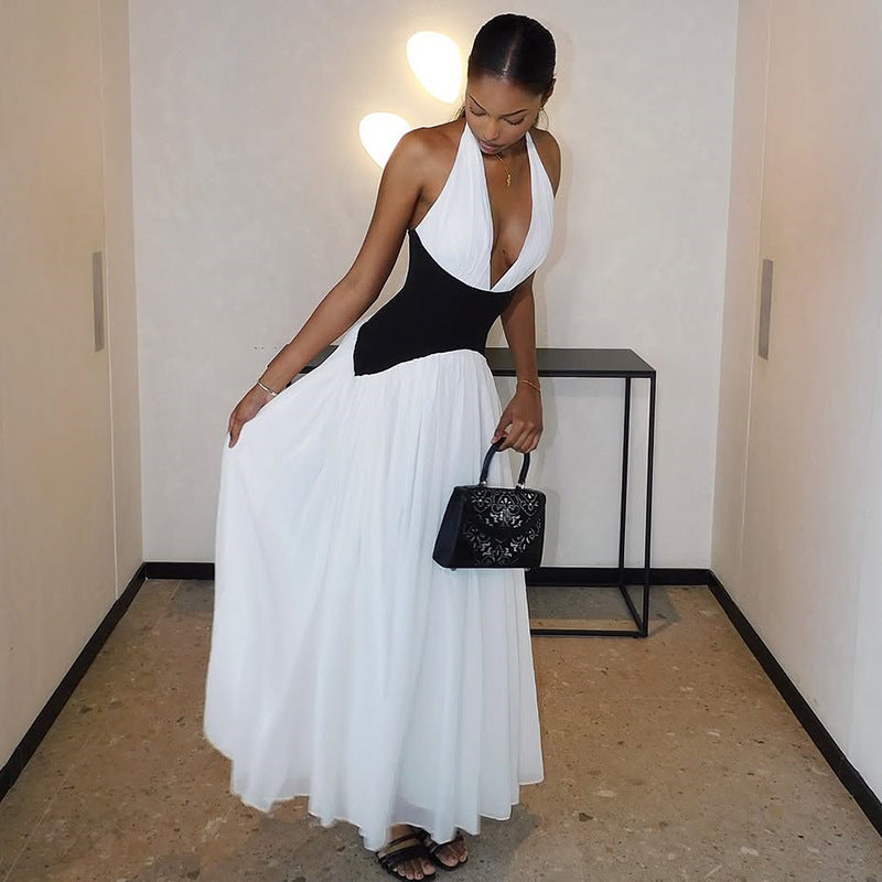 Fashion Black and White Women's Pleated Slim Waist A-line Sexy Deep V-neck Halter Neck Long Dress 5