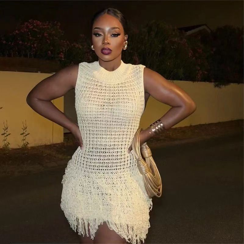 Women Summer Sexy Sleeveless Tassel Hollow Elegant Patchwork Dress