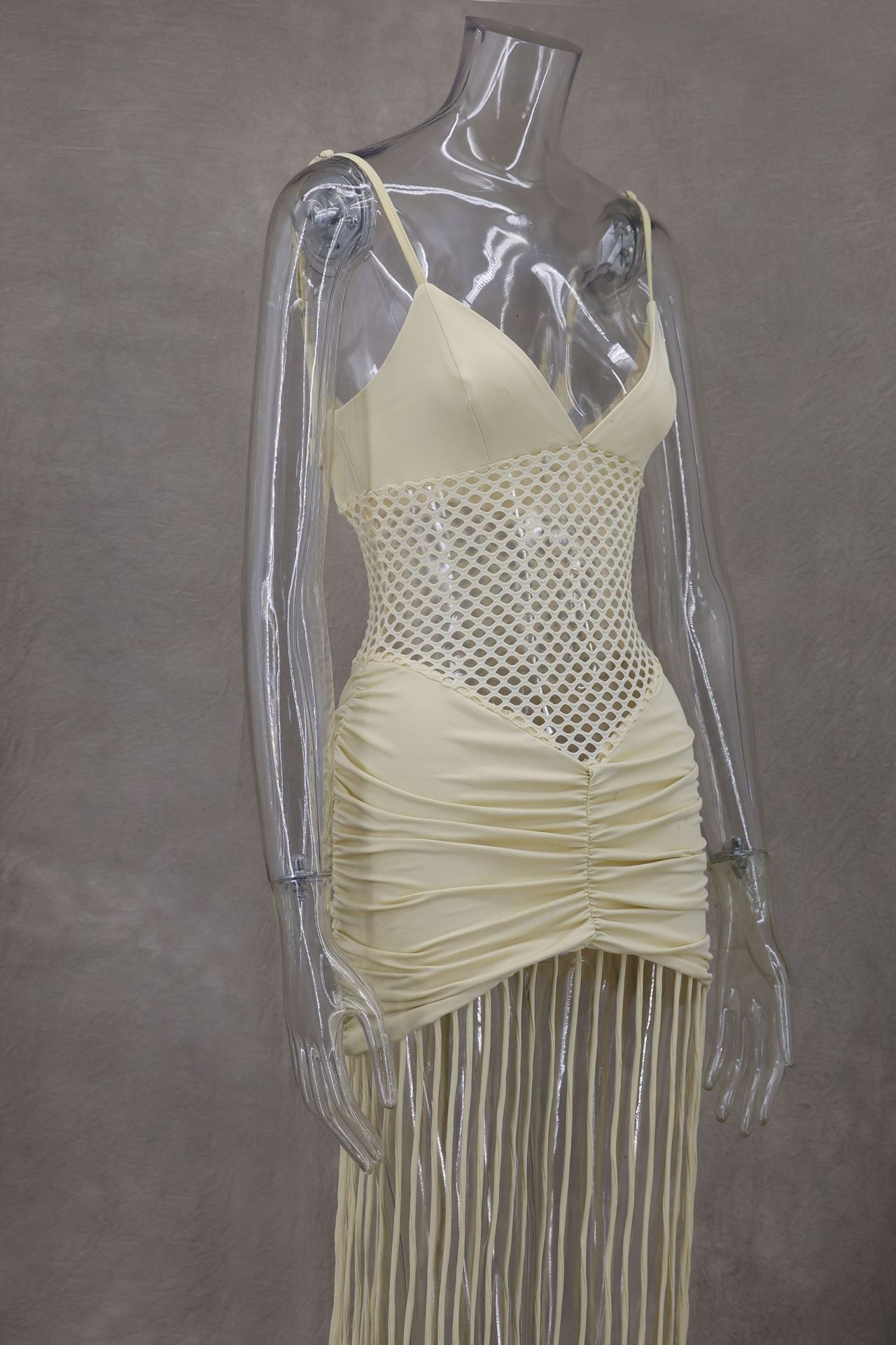 Women Spring and Summer Strap Mesh Sexy Pleated Bodycon Tassel Dress 8