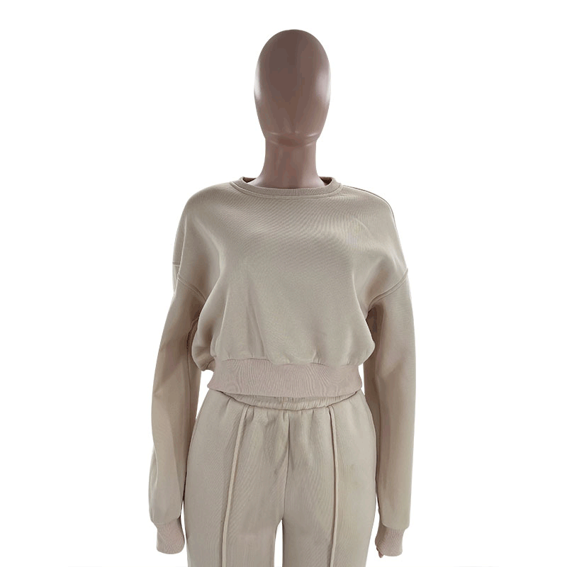 Women's Autumn Round Neck High Waist Hoodies Pocket Loose Sweatpants Suit 16