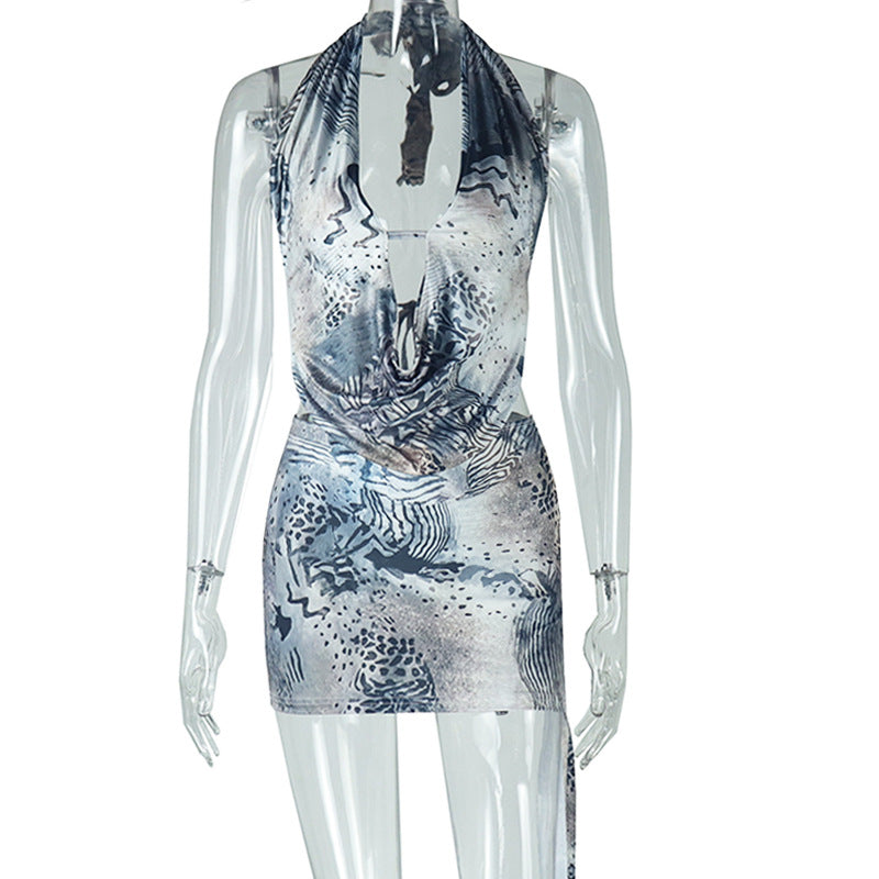 Women Halter Neck V-neck Backless Sleeveless Top Print Bodycon SkirtTwo Piece Set 8