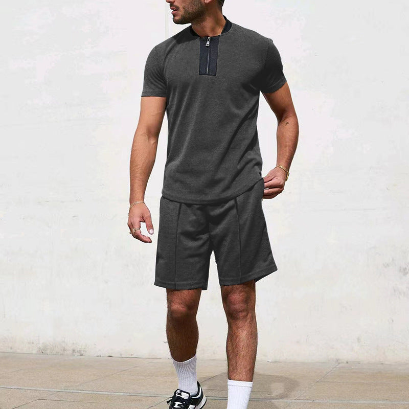 Men Casual Zip Short Sleeve Shorts Athletic Two-Piece Set 14