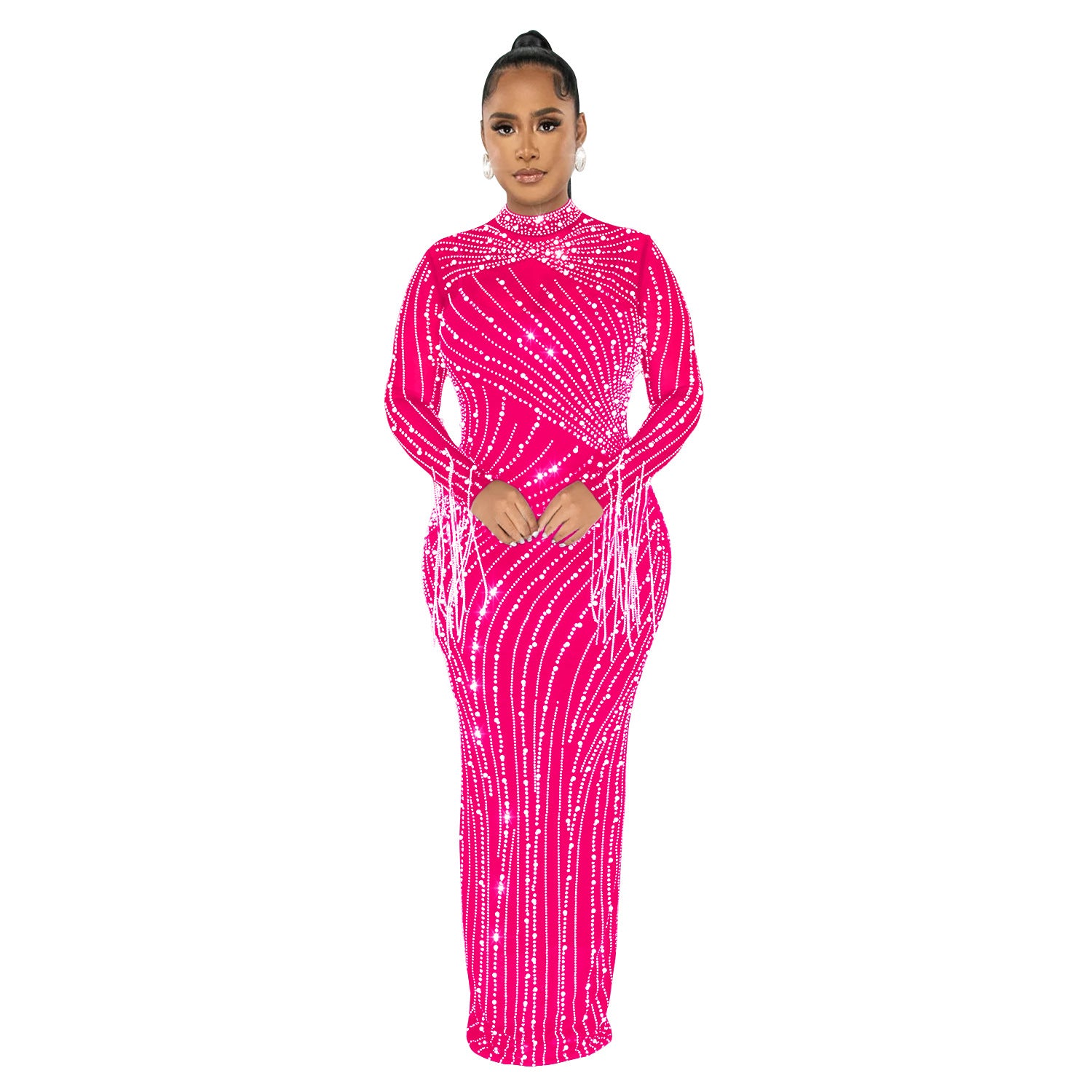 Women Mesh See-Through Beaded Long Sleeve Maxi Dress Set 10