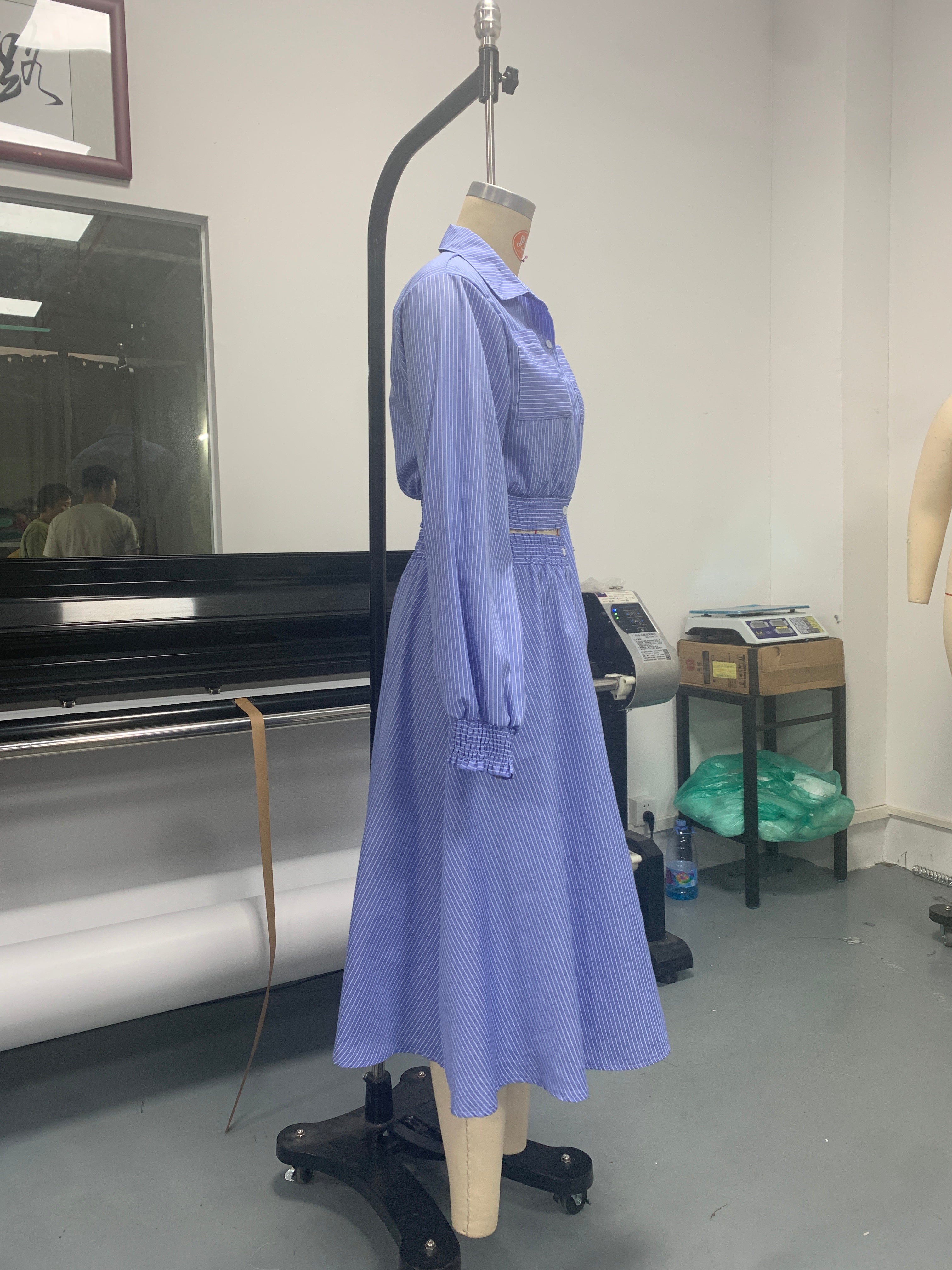 Fashion Casual Striped Long Sleeve Shirt Top Skirt Women Two Piece Set 5