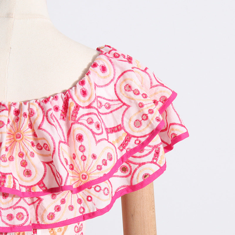 Summer Off Shoulder ruffle embroidered lace Slim Waist Slim Fit Holidays style dress 28