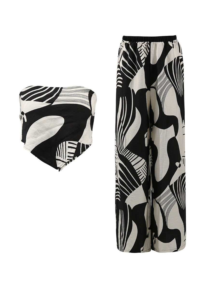 Sexy Strapless Low Back Top + Fashion Print Straight-Leg Pants Two-Piece Set 5