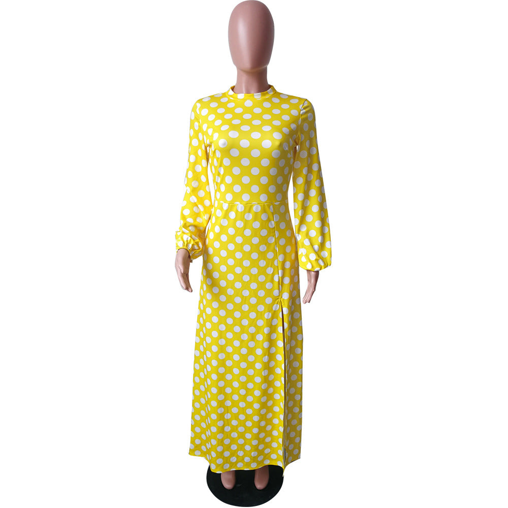 Women's Spring And Winter Round Neck Polka Dot Long Sleeve High Slit Midi Dress 10