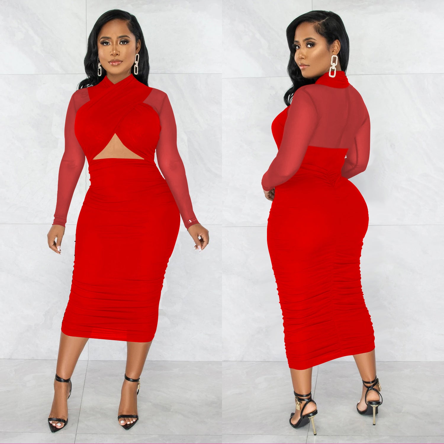 Women Mesh Long Sleeve Solid Cut Out Bodycon Dress 9