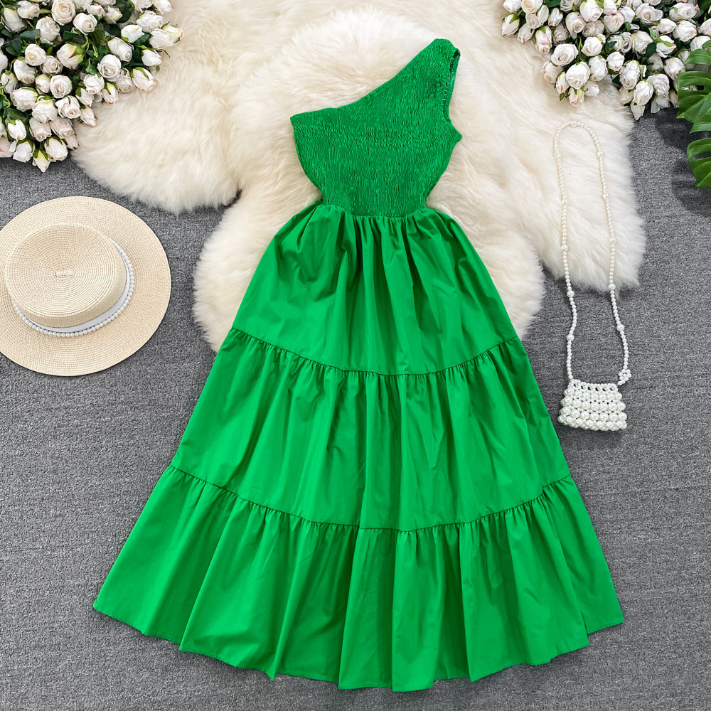 Retro Chic Sleeveless Slash Shoulder Slim Waist Slim Fit Beach Holidays A-Line Long Dress 20