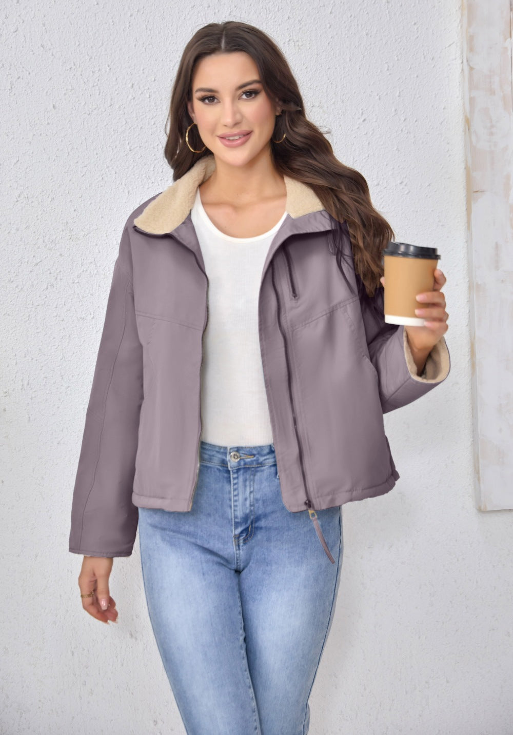 Stand Collar Fleece Women's Coat Winter Trendy Loose Jacket Short Outerwear 3