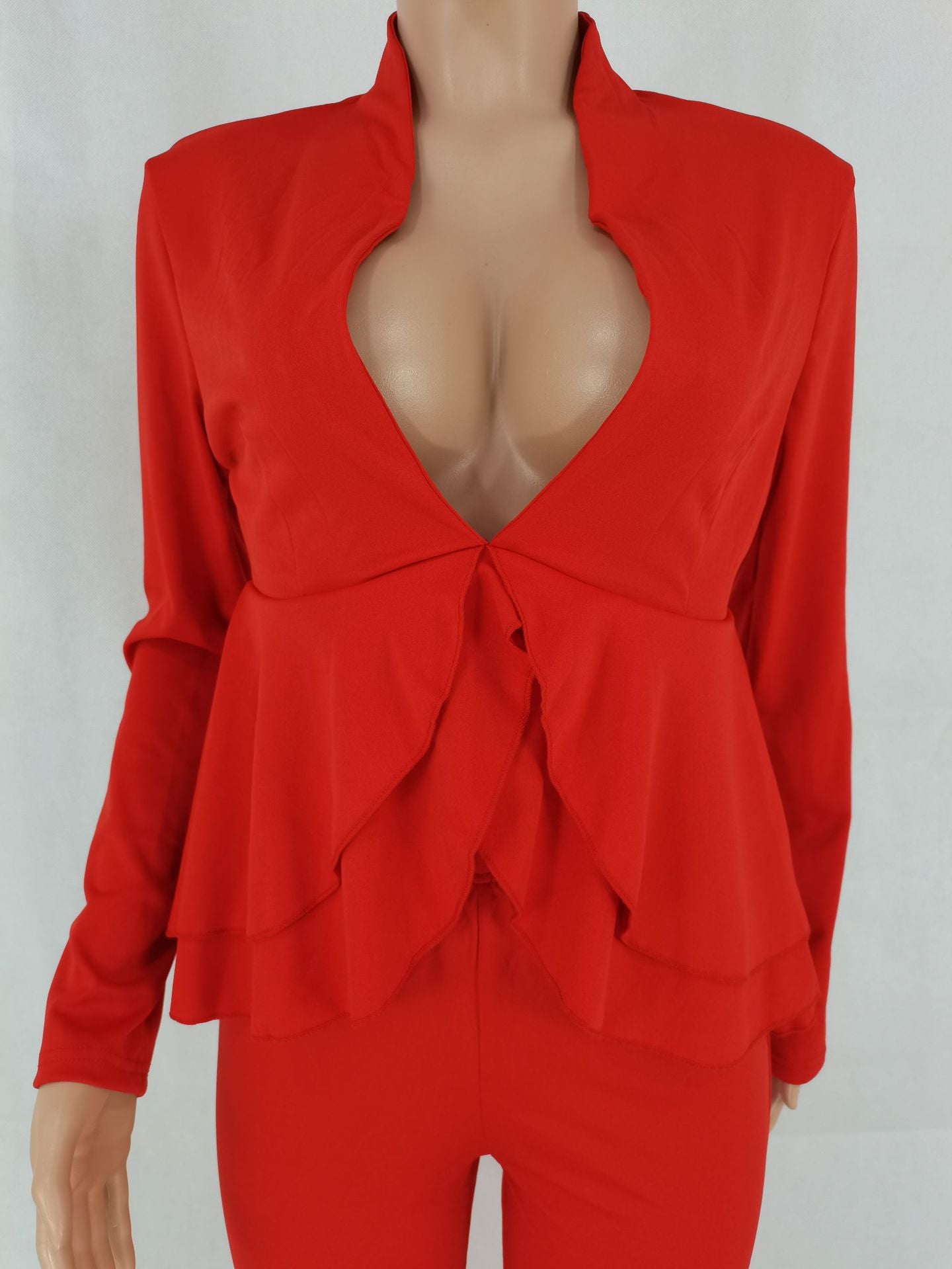 Women'S Solid Color Ruffled Deep V Top And Trousers Two-Piece Suit 6
