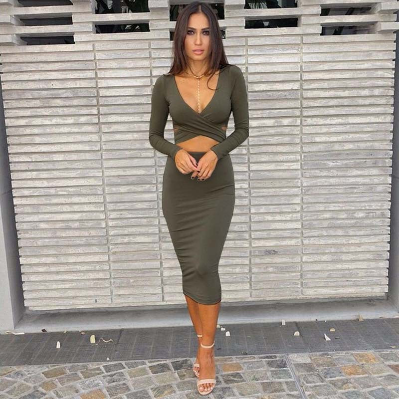 Spring Summer Style Women's Stretch Sexy Hollow V-neck Long Sleeve Nightclub Party Dress 7