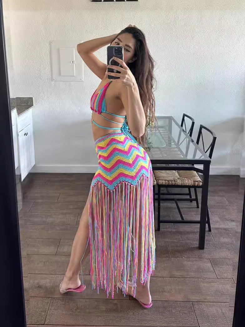 Women sexy crocheted wave pattern fringed beach cover-up dress two-piece set 4