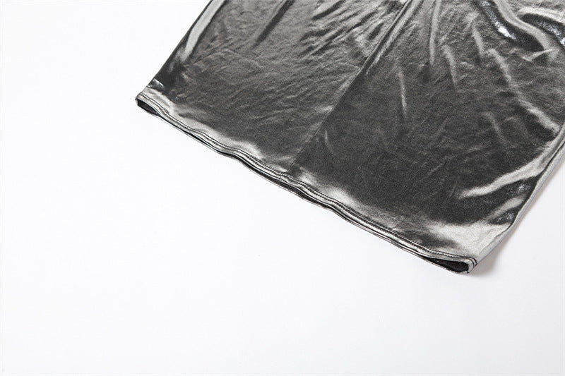 Women Summer Metallic Shiny Solid Round Neck Sleeveless Crop Top Bodycon Skirt Two-Piece Set 23