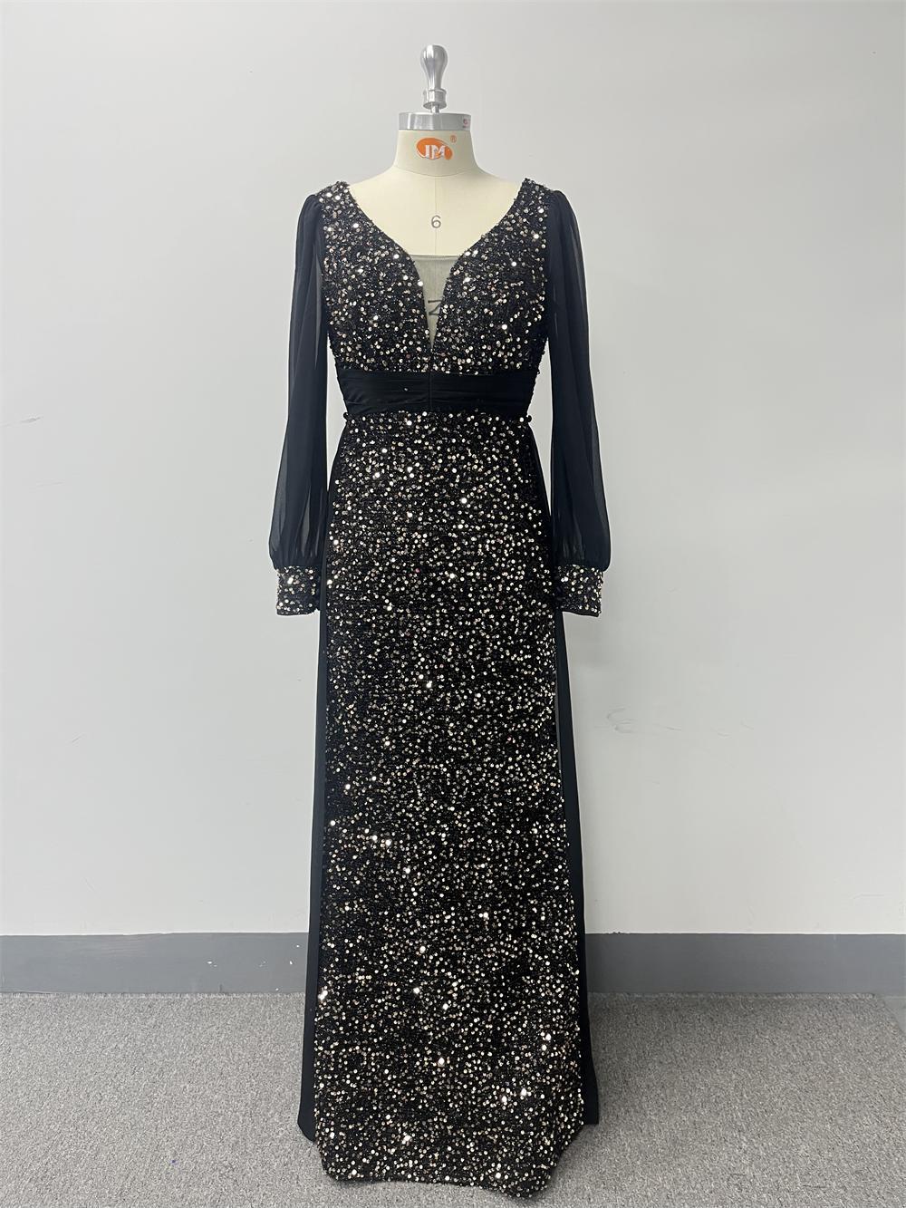 Chiffon Patchwork Long Sleeve V-Neck Luxury Shiny Party Evening Dress 8