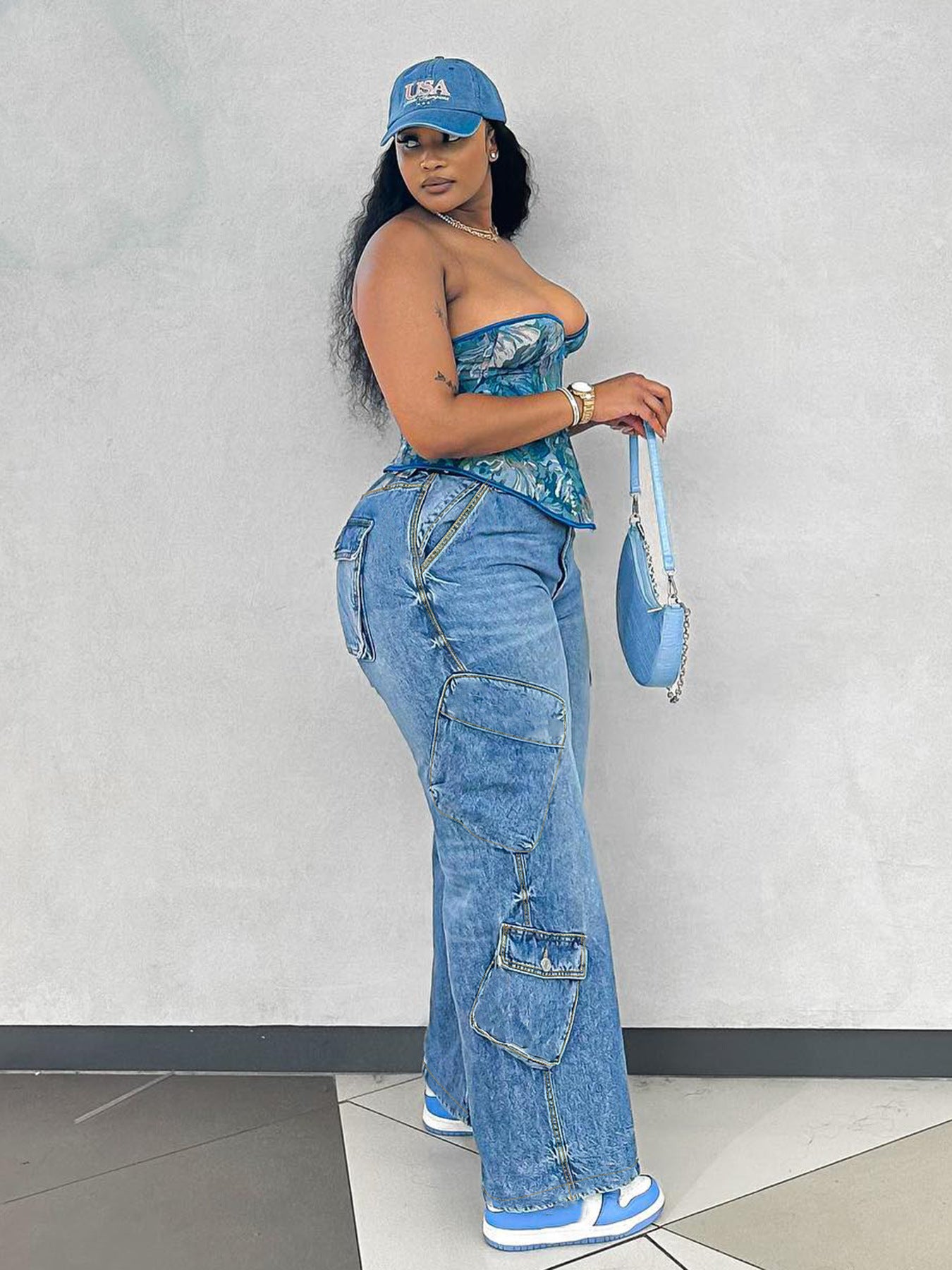 Fashion Light Blue Multi-Pocket Loose Denim Pants 6