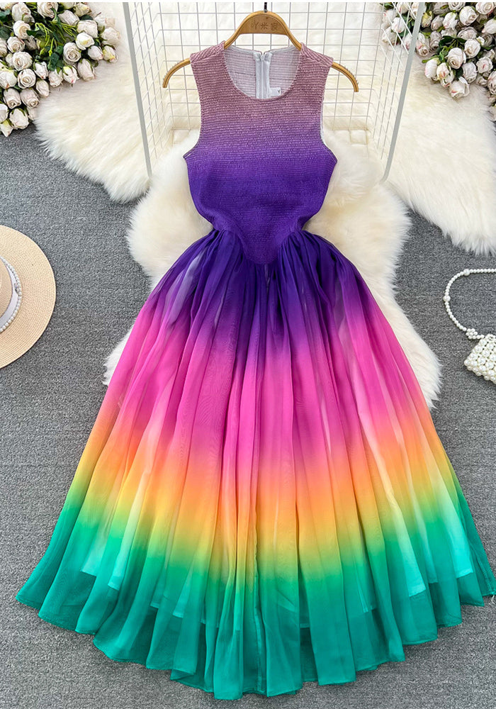 Fashion Chic Sleeveless Round Neck Slim Waist A-Line Rainbow Gradient Chiffon Elegant Long Dress