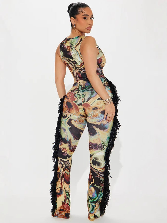 Women spring Summer sexy sling tassel lace print Jumpsuit