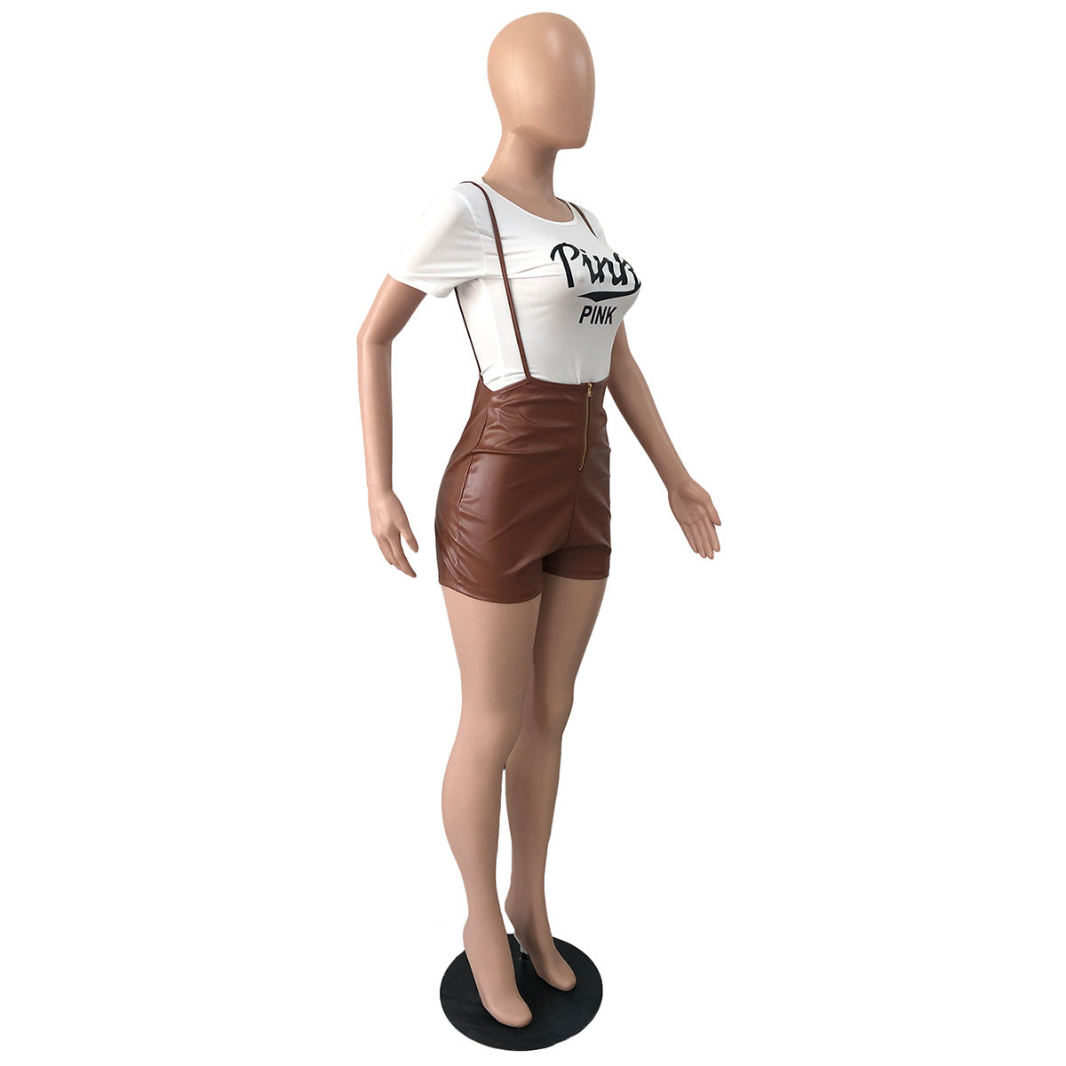 Women Short Sleeve Printed T-Shirt And Stretch Pu Leather Suspender Jumpsuit Two Piece Set 13